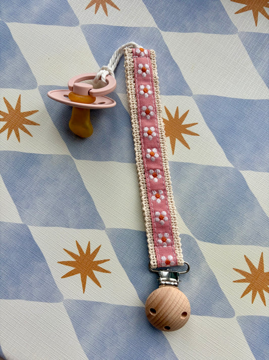 Embroidered Dummy Clip Pink Daisy