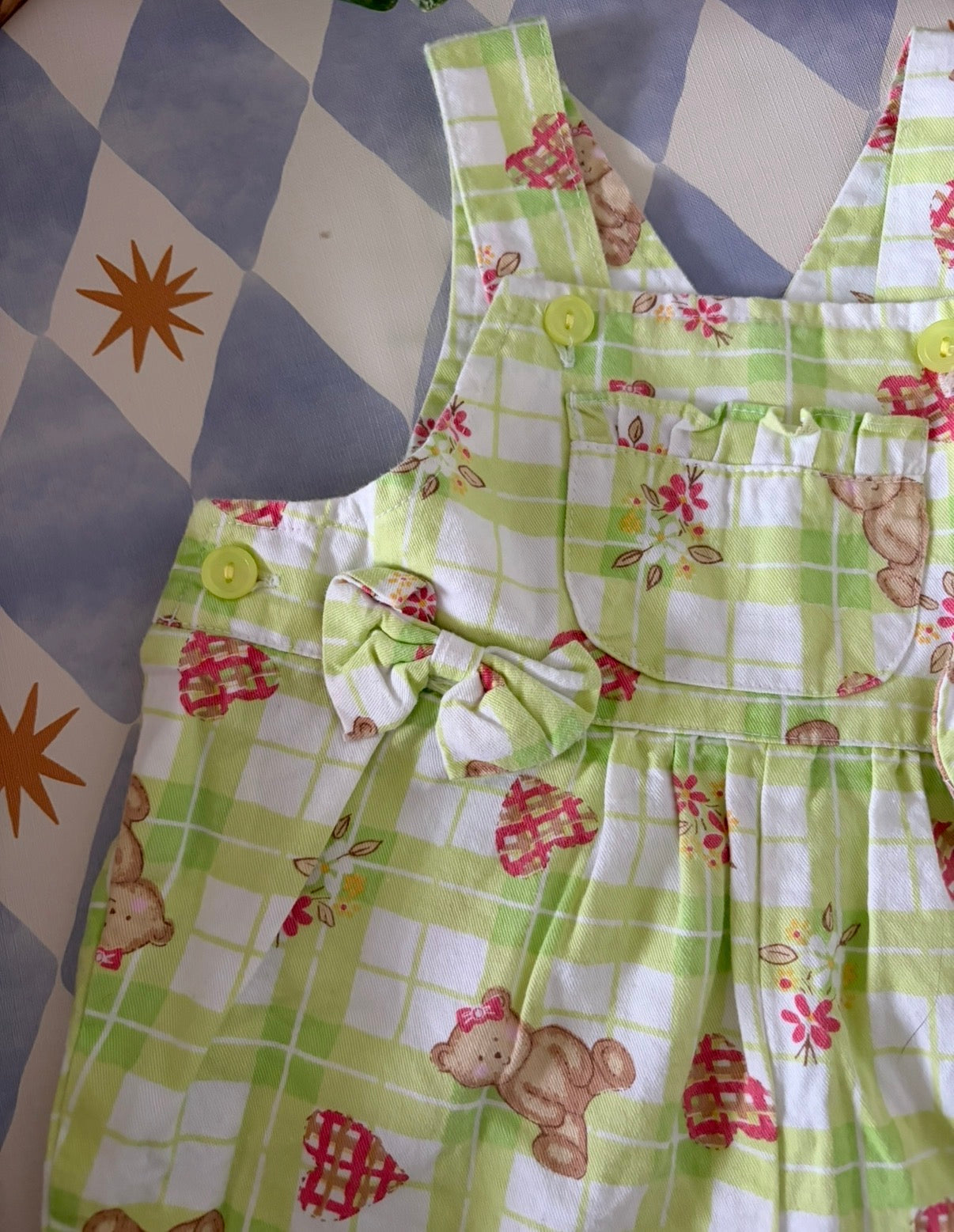Vintage Teddy Gingham Shortalls 0-3 Months